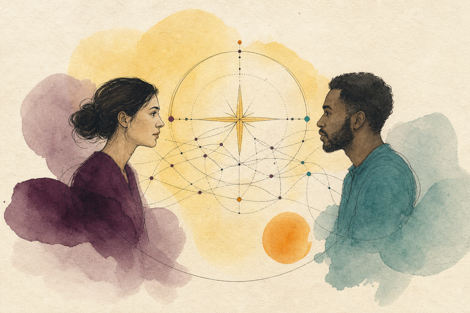 Two people in conversation framed by a compass and interconnected lines, representing ethical AI coaching.