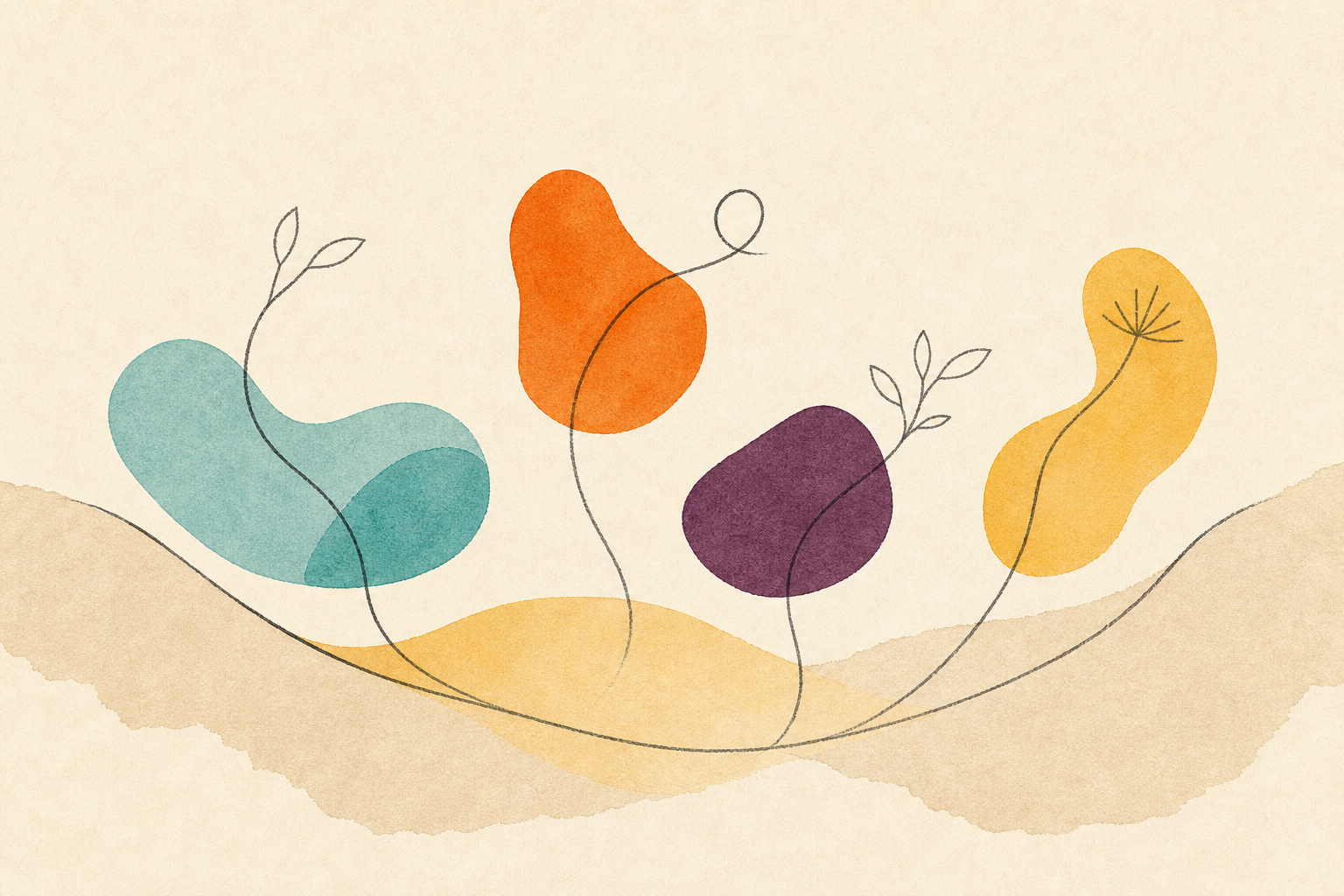 Abstract illustration of four differently shaped turquoise, orange, plum and yellow forms growing on slender stems from shared ground.