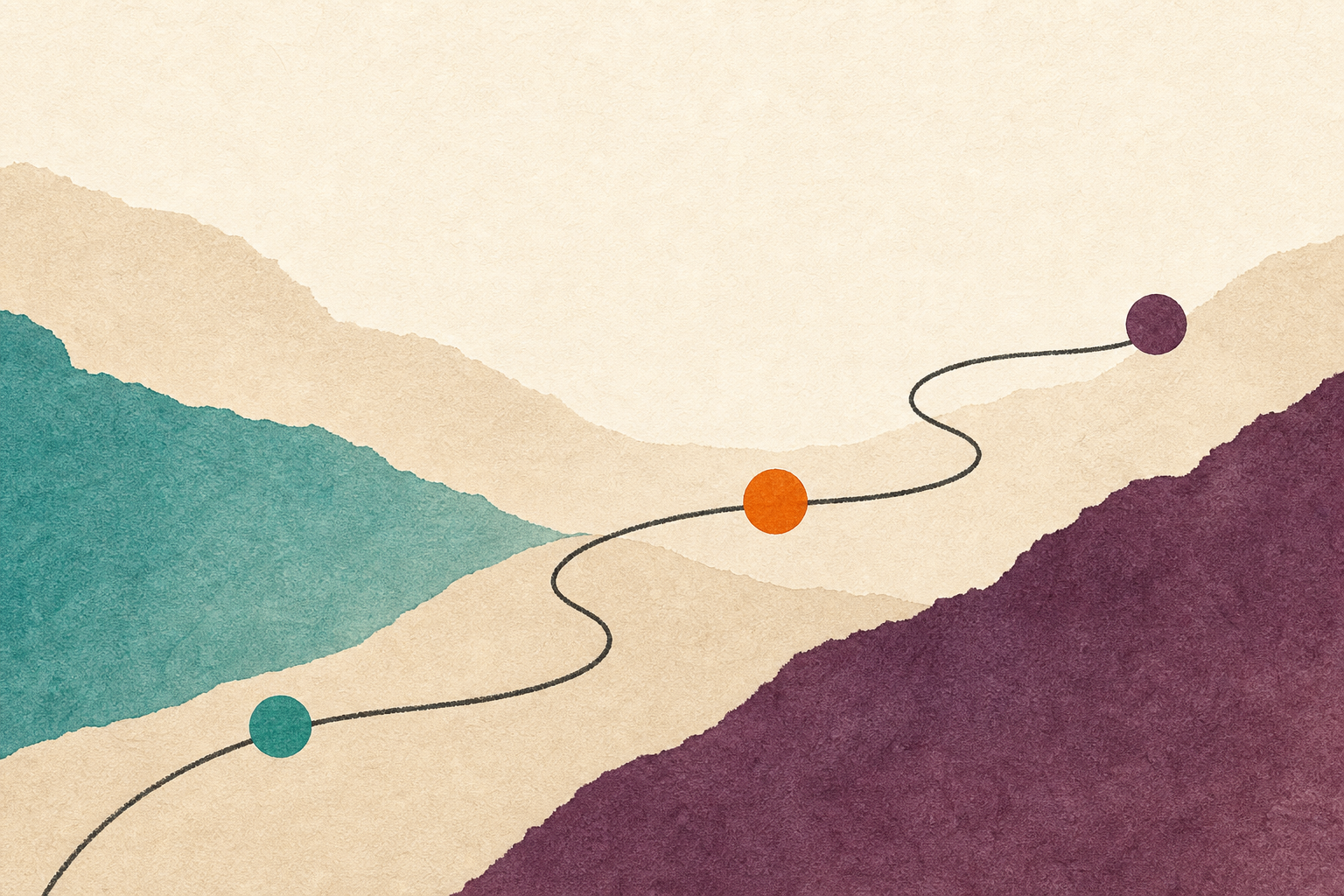Abstract illustration of a winding path climbing through layered turquoise and plum hills, marked by three coloured waypoints.