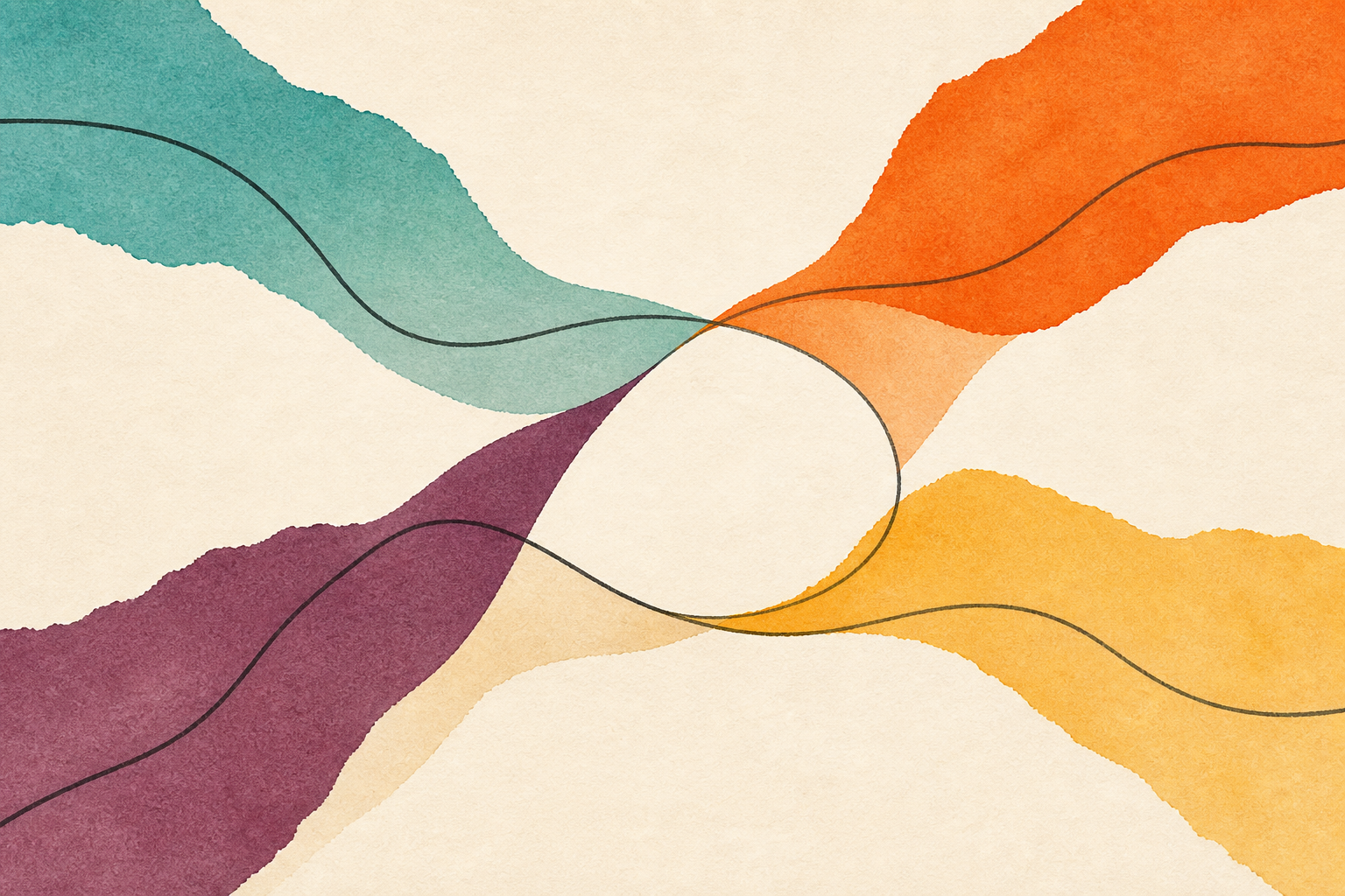 Abstract illustration of turquoise, orange, yellow and plum currents flowing towards one another and meeting in a shared open loop at the centre.