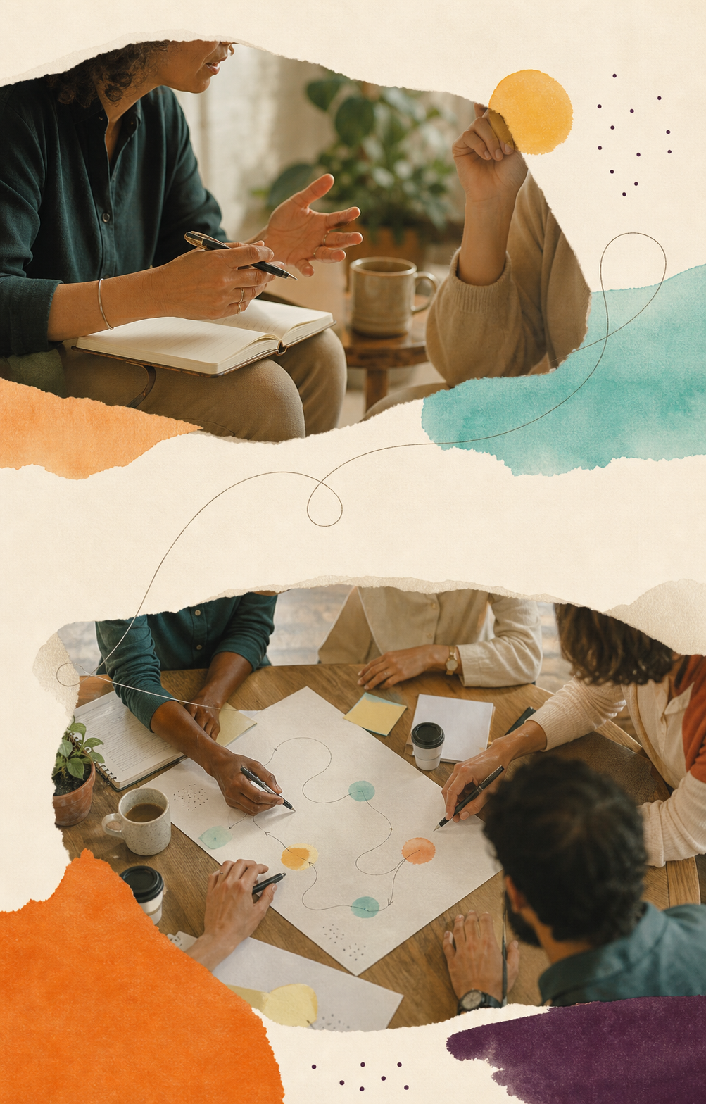 Two colleagues in conversation with notebooks and a shared strategy map, framed by torn paper and fluid brand-coloured shapes.