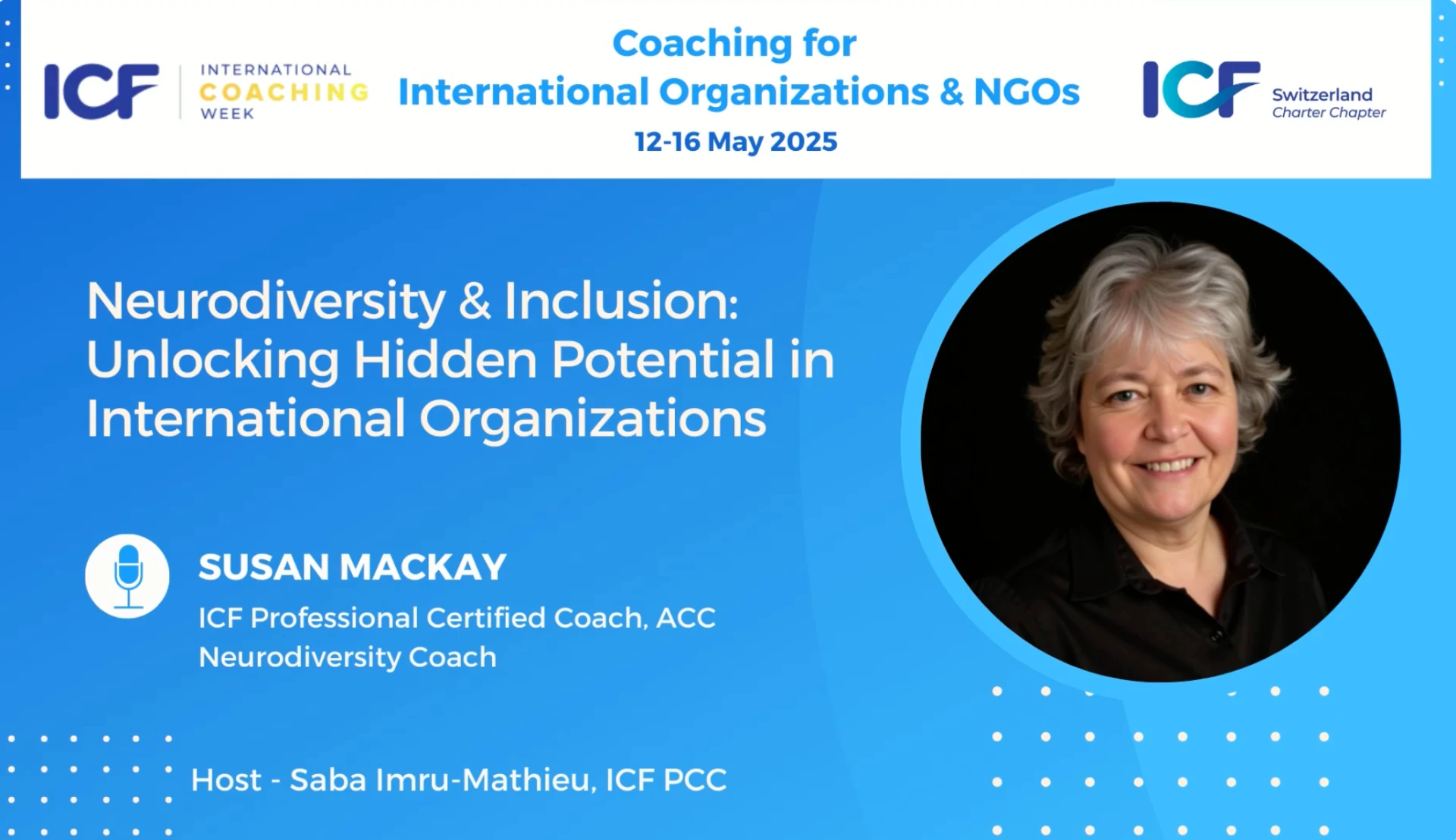 ICF Switzerland event artwork for Susan Mackay’s session on neurodiversity and inclusion in international organisations.