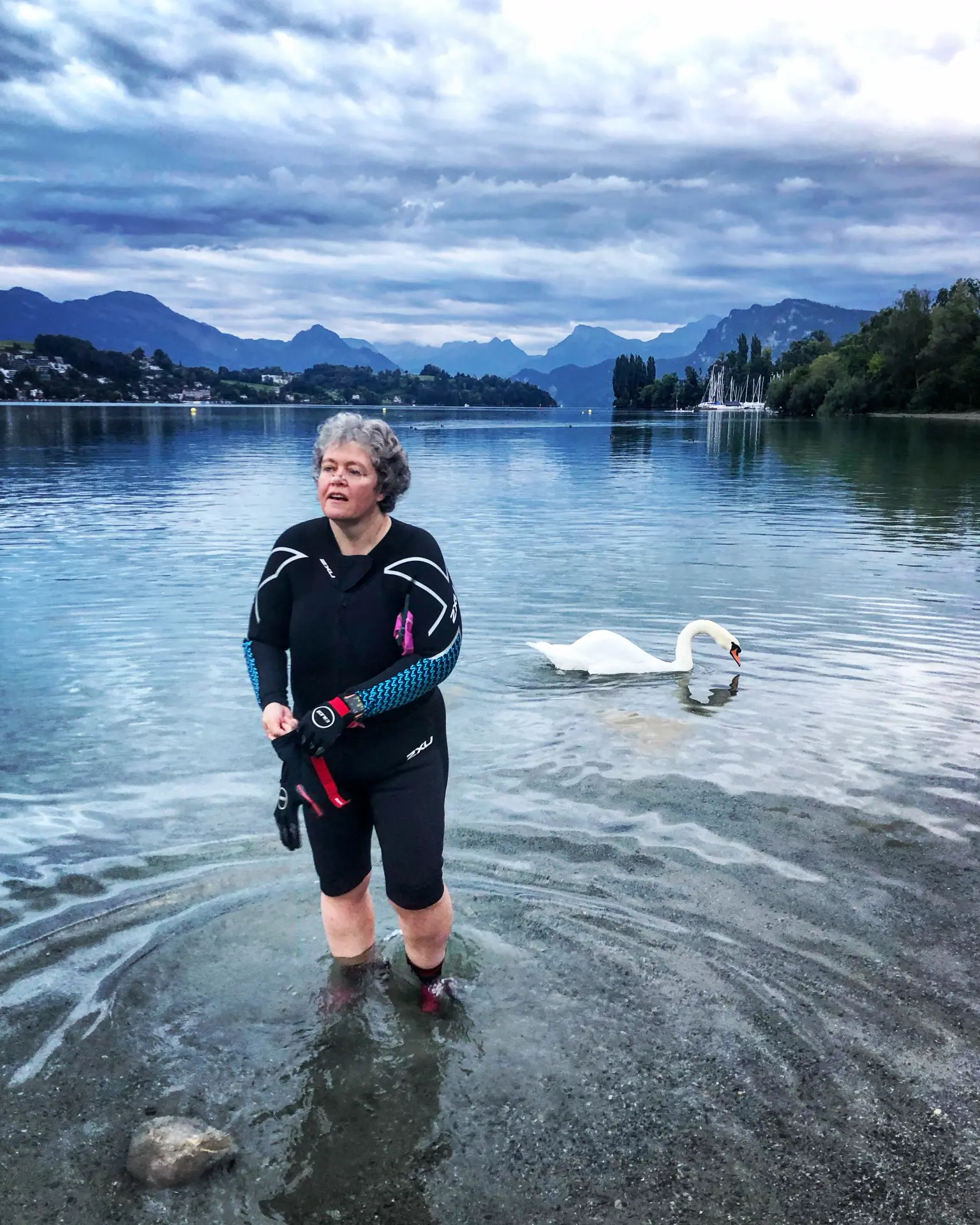 Susan Mackay standing at the edge of a Swiss lake after a swim, with a swan and mountains behind her.