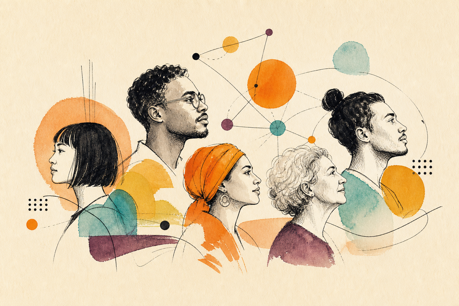 Editorial illustration of five different people connected through a shared constellation of ideas.