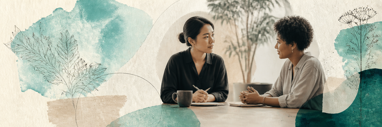 Two colleagues in a calm one-to-one conversation, in a warm collage treatment