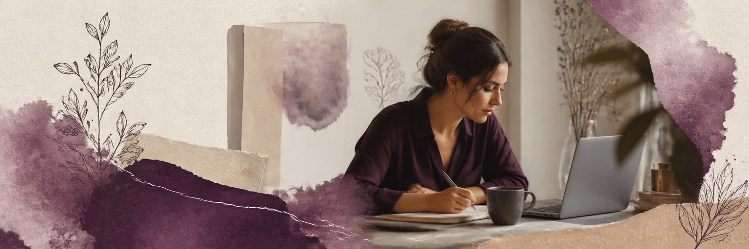 A professional engaged in thoughtful, focused work, in a warm collage treatment