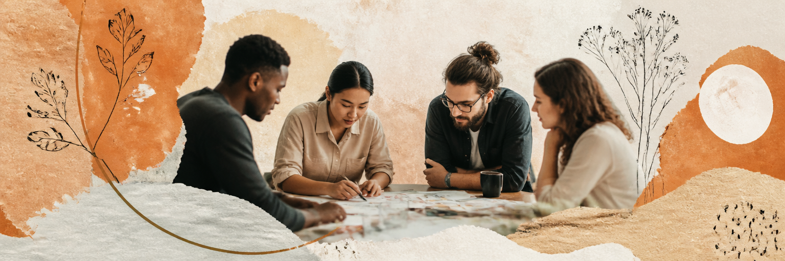 A small group working together around a table, in a warm collage treatment