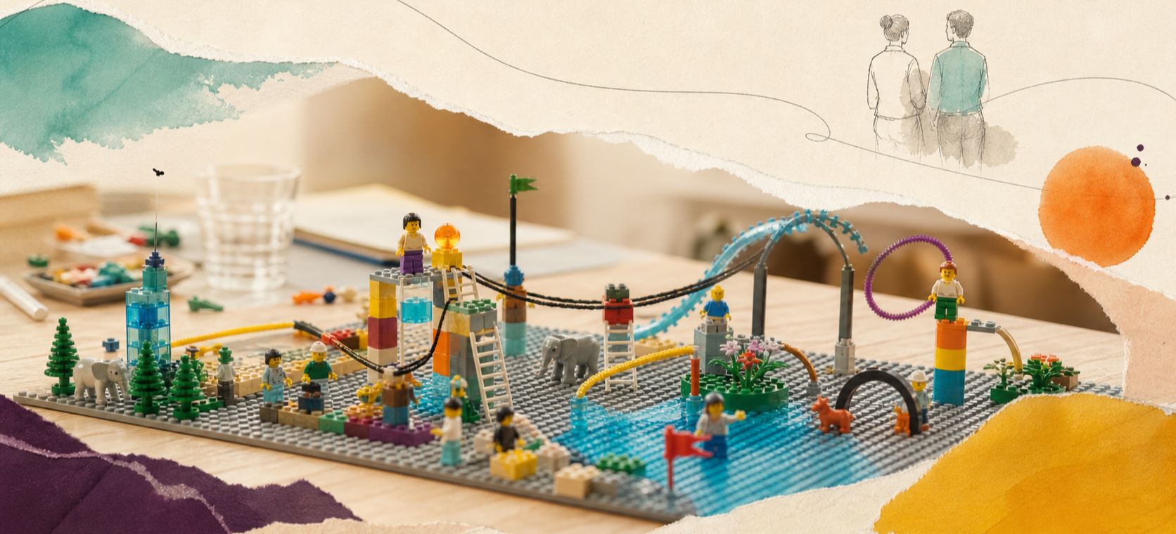 Photograph of a detailed shared LEGO landscape built on baseplates during a workshop, with a small line drawing of two colleagues in conversation above it.