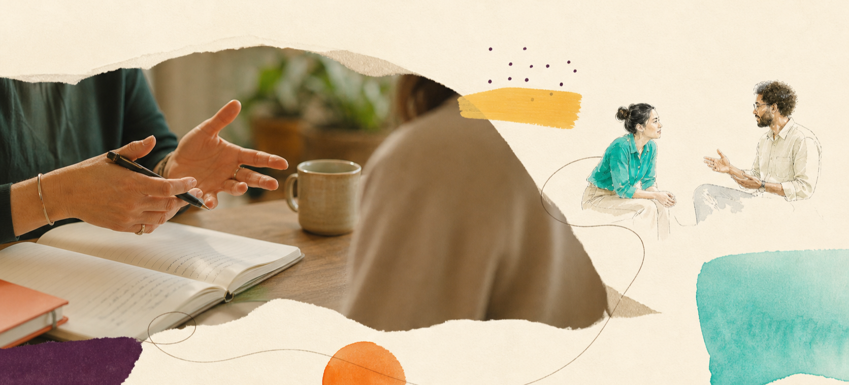 Line drawing of three colleagues in attentive conversation, with a photograph of a hand taking notes on a tablet at the lower edge.