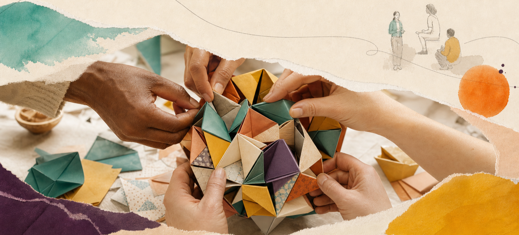 Photograph of hands assembling a modular origami form beside paper pieces and notes, with a loose line drawing of three colleagues seated apart.