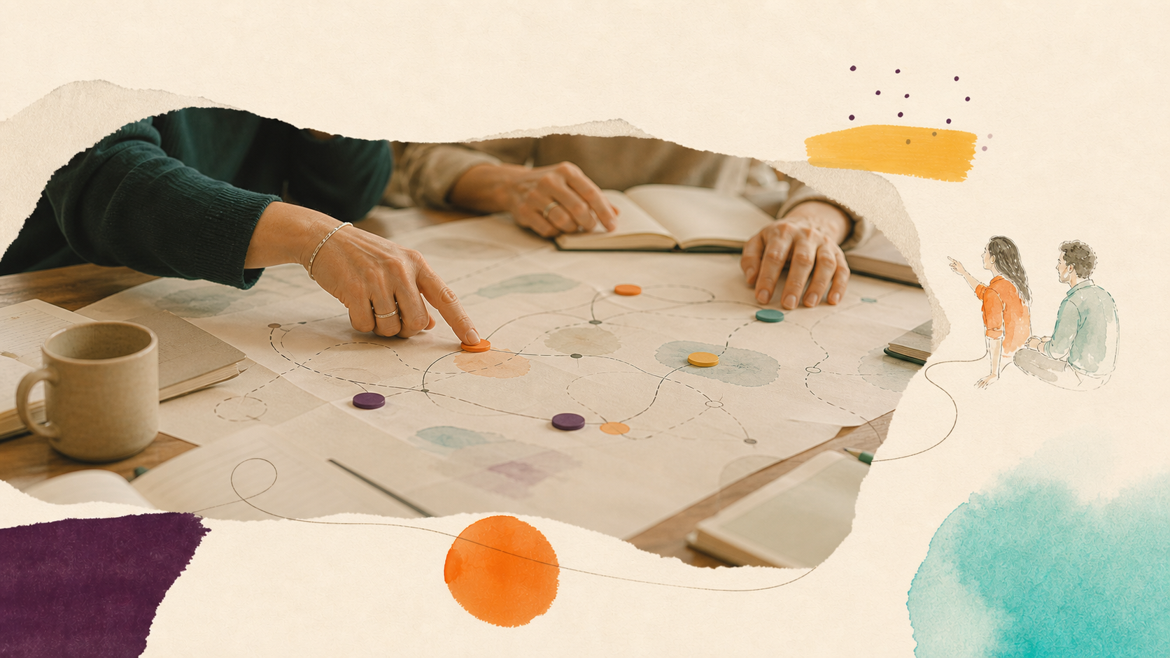 Photograph of hands drawing a route of connected points across a large sheet with markers and sticky notes, with two small drawn figures looking on.